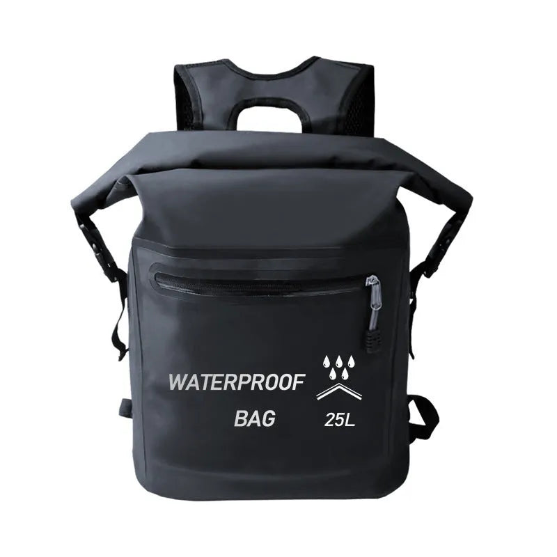 Black 25 litre waterproof backpack for river tracing rafting and swimming