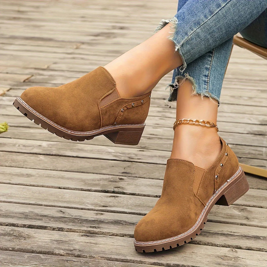 Women's plus size suede ankle boots with low heel and elastic band in light brown