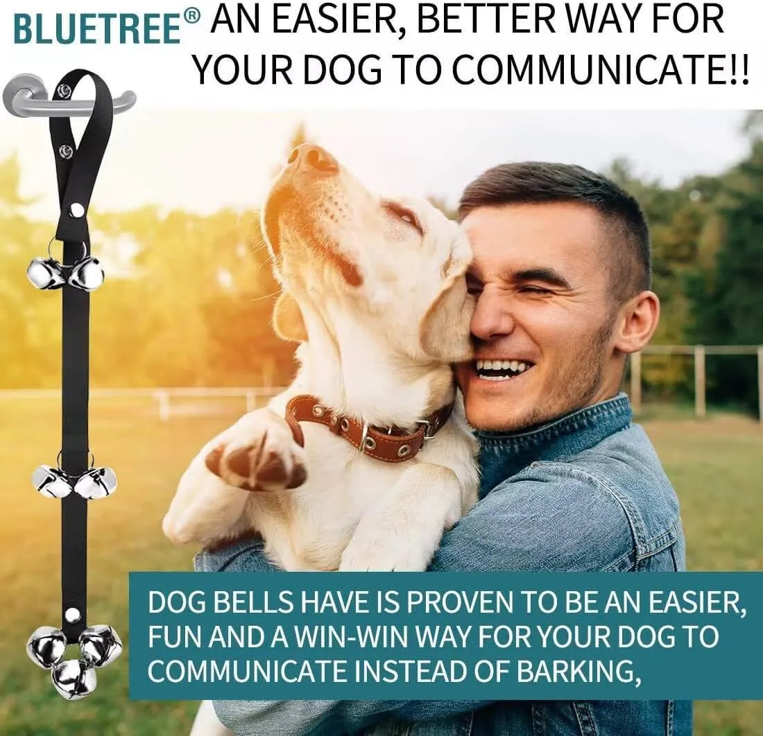 Adjustable dog training doorbell with silver metal bells on a black nylon leash, hung on a door.