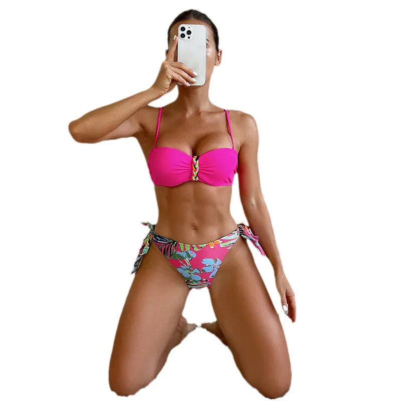 Rose red women's bikini swimsuit with braid rope detailing in polyester fabric