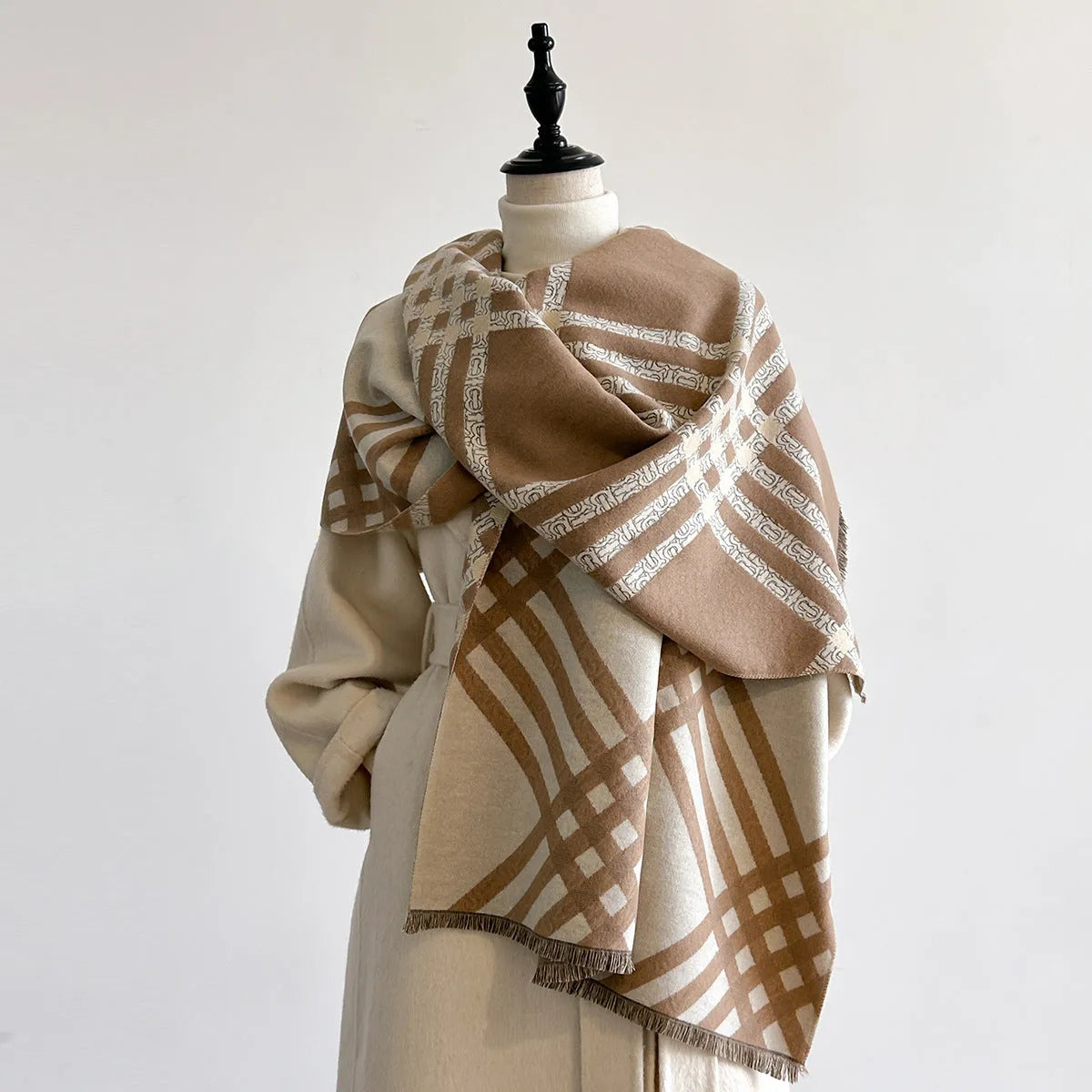 Qianjin imitation cashmere winter scarf with tassels in brown colour showing 185cm length