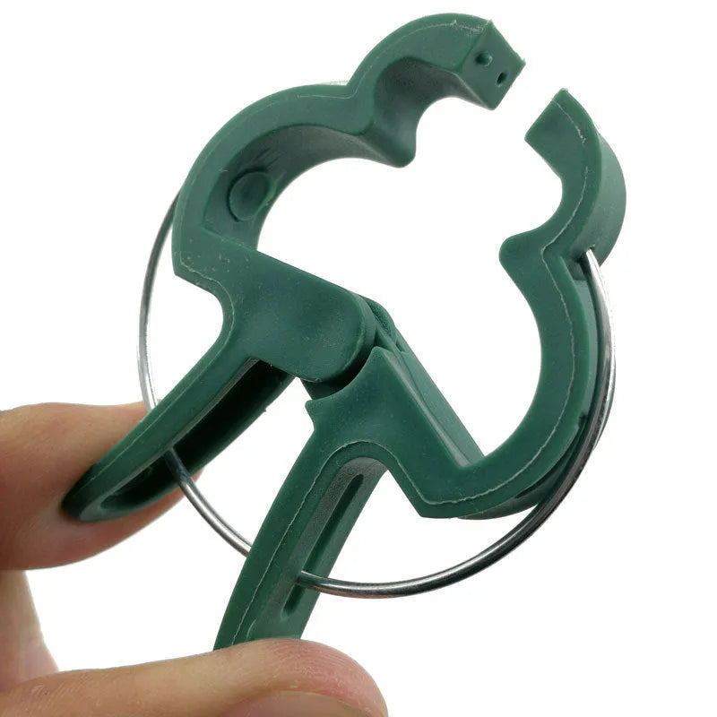 Green plastic and zinc plant fixing clips for supporting climbing garden plants