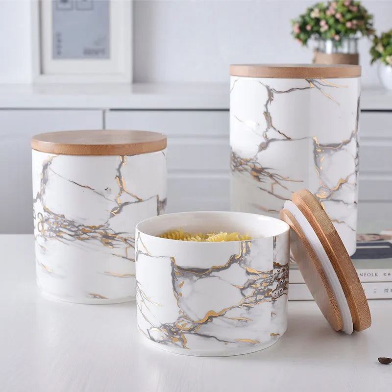 Marbled ceramic airtight jar with wooden lid in large, medium, and small sizes for kitchen storage