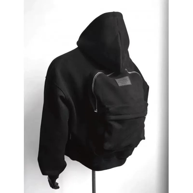 Back schoolbag design men's coat in light gray with hood, polyester cotton fabric, front view