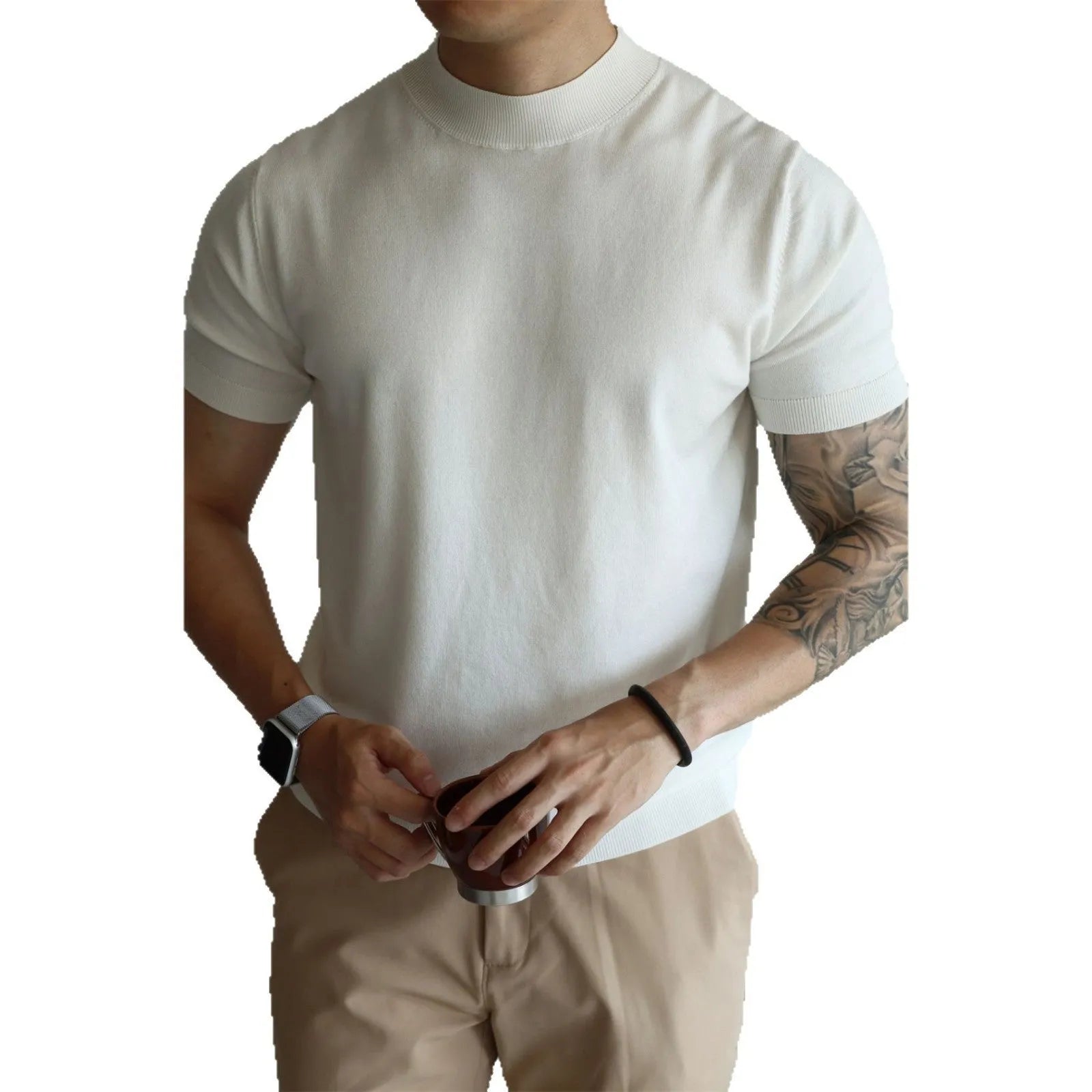 Men's slim-fit short sleeve t-shirt in solid colour on a hanger.
