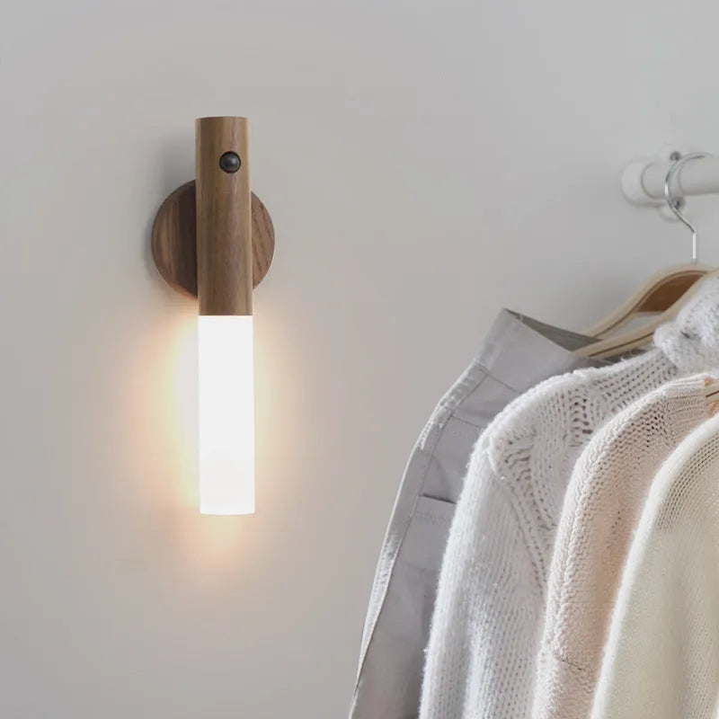 Compact smart sensor LED desk lamp made of solid wood and acrylic, showing coffee colour option.