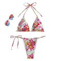 Women's triangle printed bikini with separate top and bottom system featuring hanging neck design