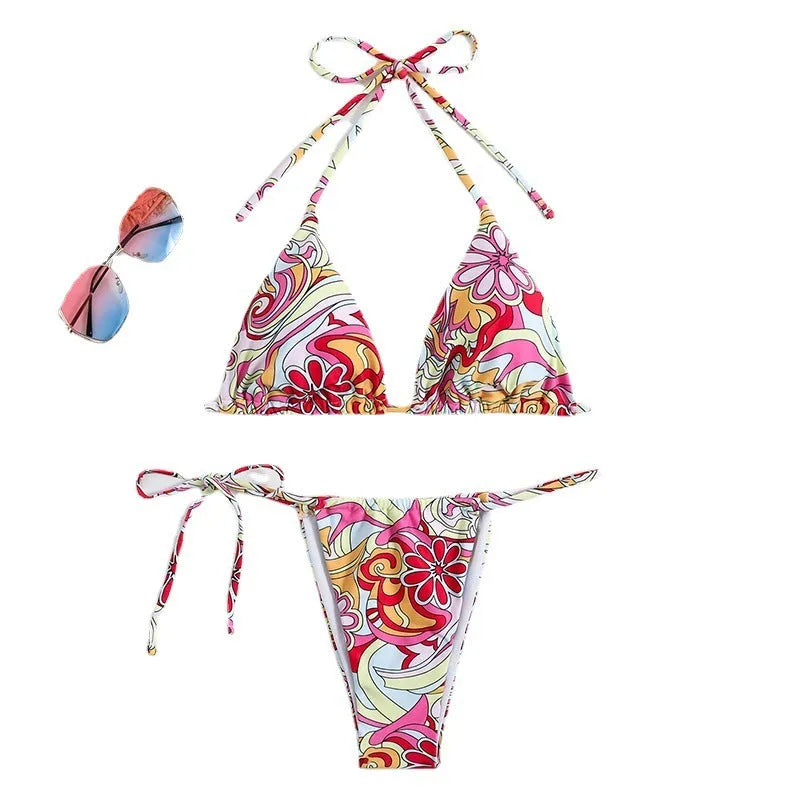 Women's triangle printed bikini with separate top and bottom system featuring hanging neck design