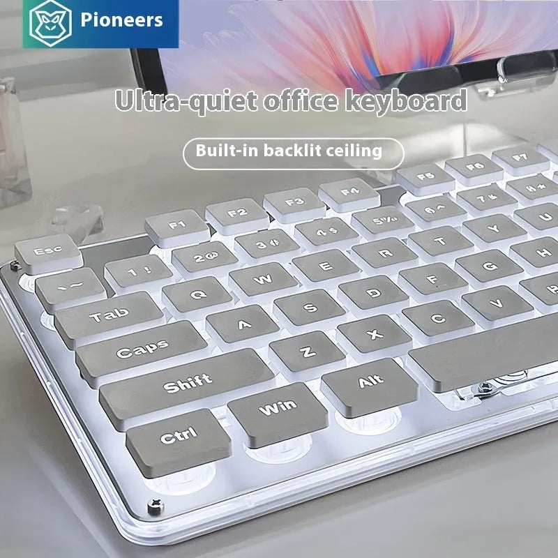 Wired mechanical feel keyboard with silent buttons showing LED lighting options and ABS construction