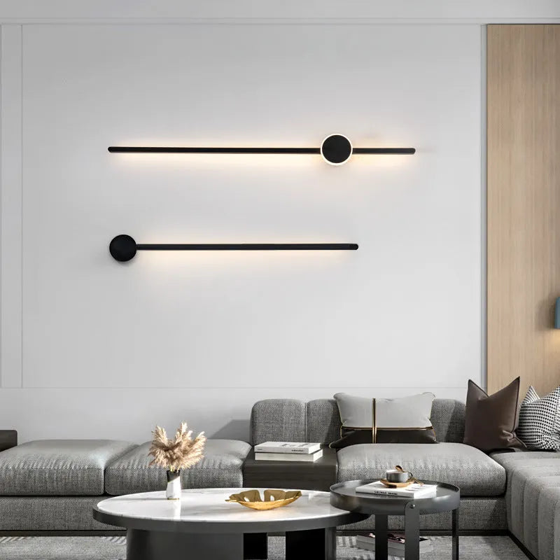 Modern black and white strip wall lamp with acrylic shade and three-colour LED lighting
