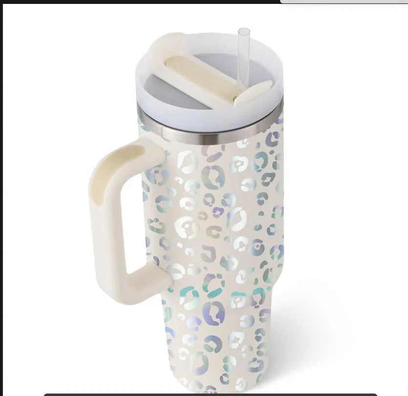 40 oz insulated stainless steel tumbler with handle straw and spill proof lid in a tapered design for car or gym use