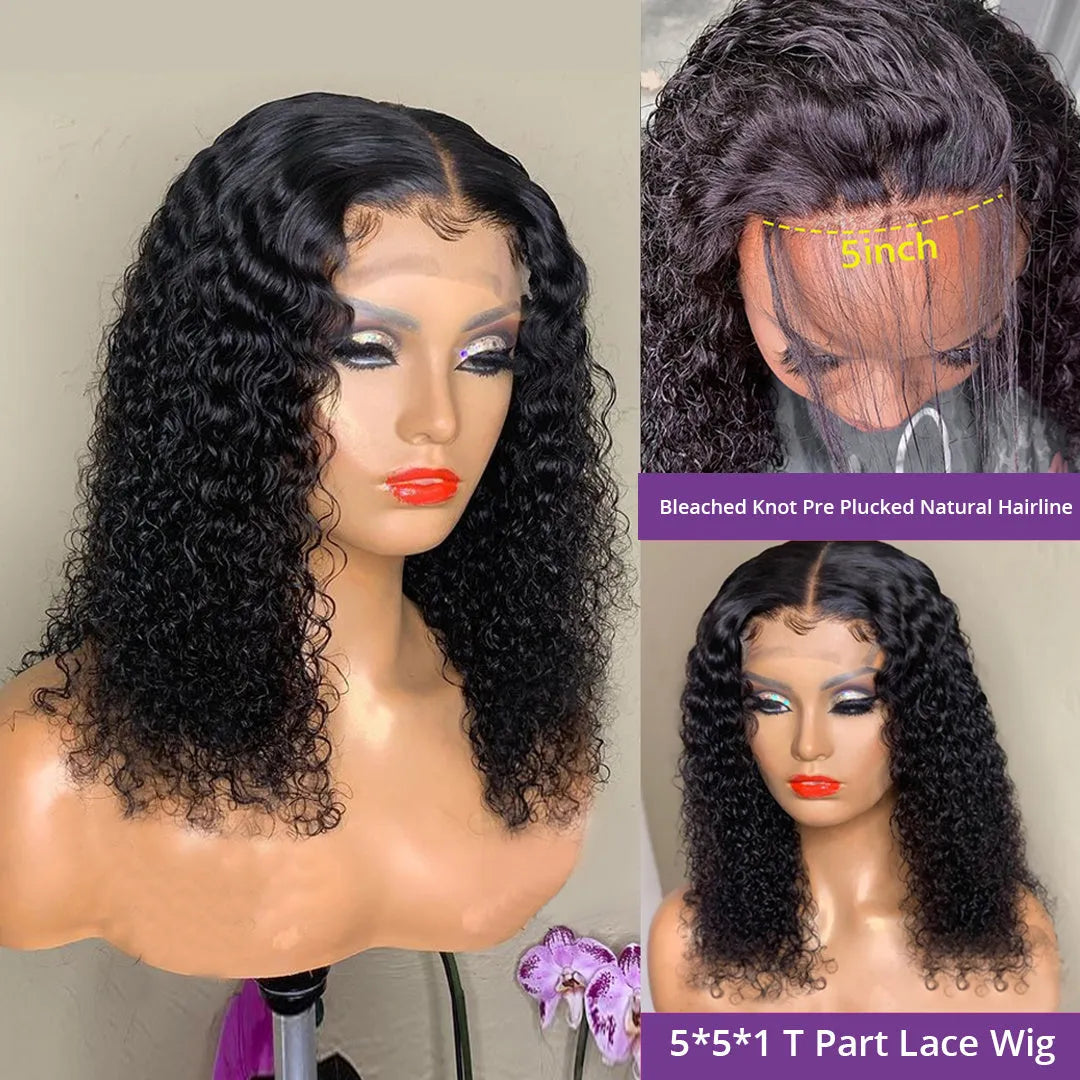 Short bob wig jerry curly human hair 150% 180% density transparent lace front natural black