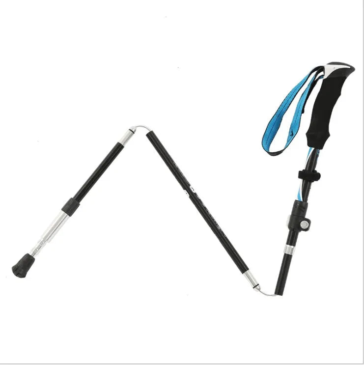 Folding telescopic trekking pole in aluminium alloy, adjustable 36-130cm, shown in black yellow and black blue colour options