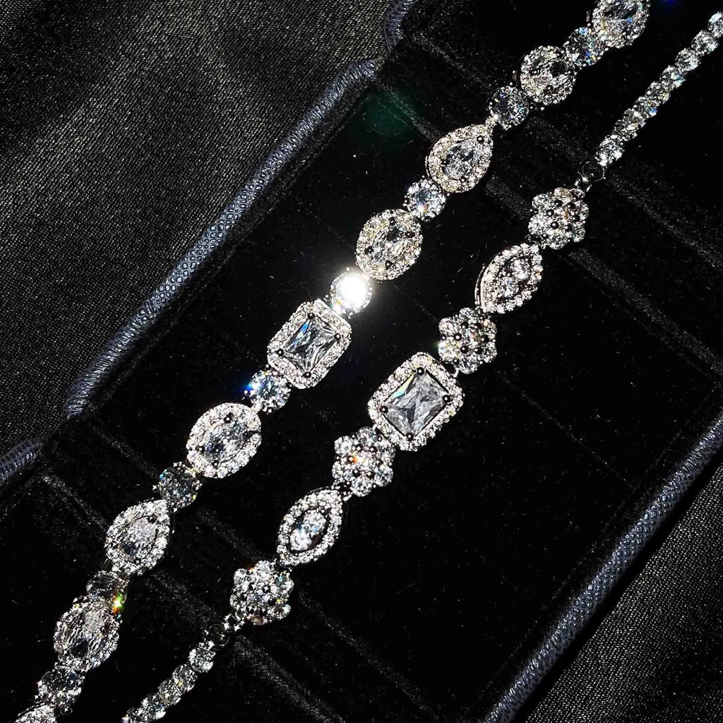 Women's geometric S925 silver-plated bracelet with inlaid zircon stones, shown in two size options.