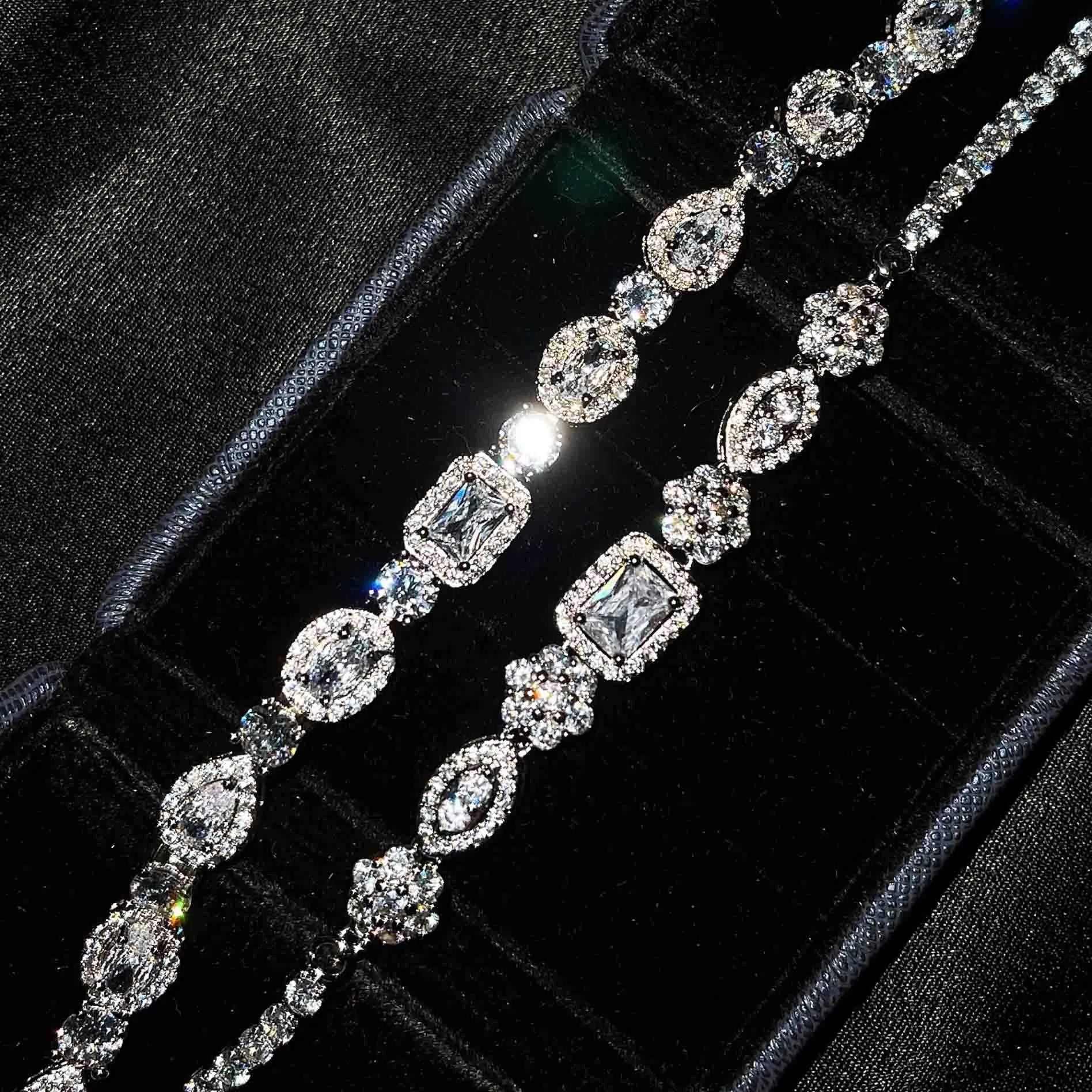Women's geometric S925 silver-plated bracelet with inlaid zircon stones, shown in two size options.