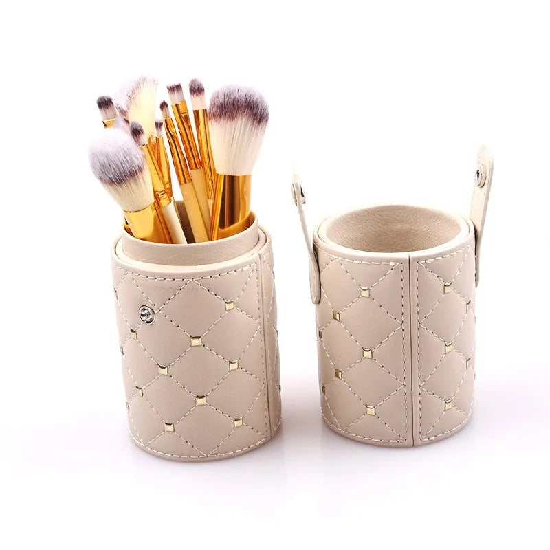 12-piece makeup brush set in beige white iron drill with wooden handles, aluminum ferrules, and bucket storage, H17.5cm x 6.5cm