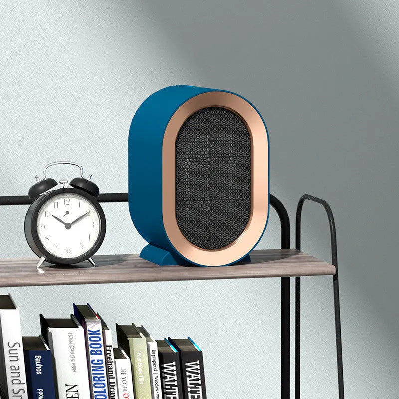 Desktop electric heater with ceramic heating element showing colour options and plug socket variants
