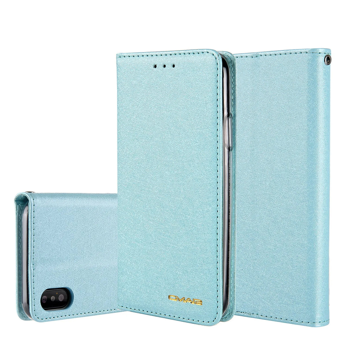 Black PU leather flip-style iPhone case open to show interior card slots and phone.