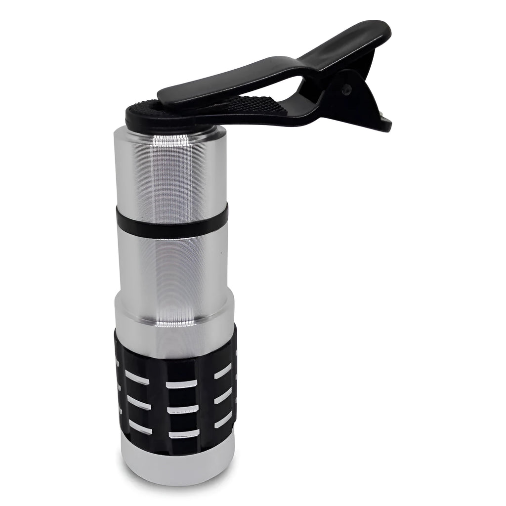 A telescopic telephoto lens with a separate clip for attaching to a mobile phone