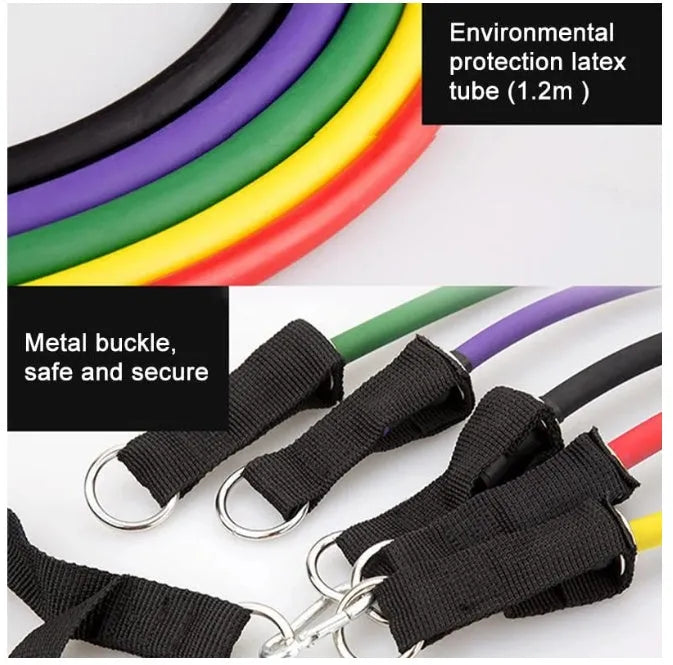 Latex resistance band set with colour-coded pull ropes, handles, foot rings, door buckle, storage bag