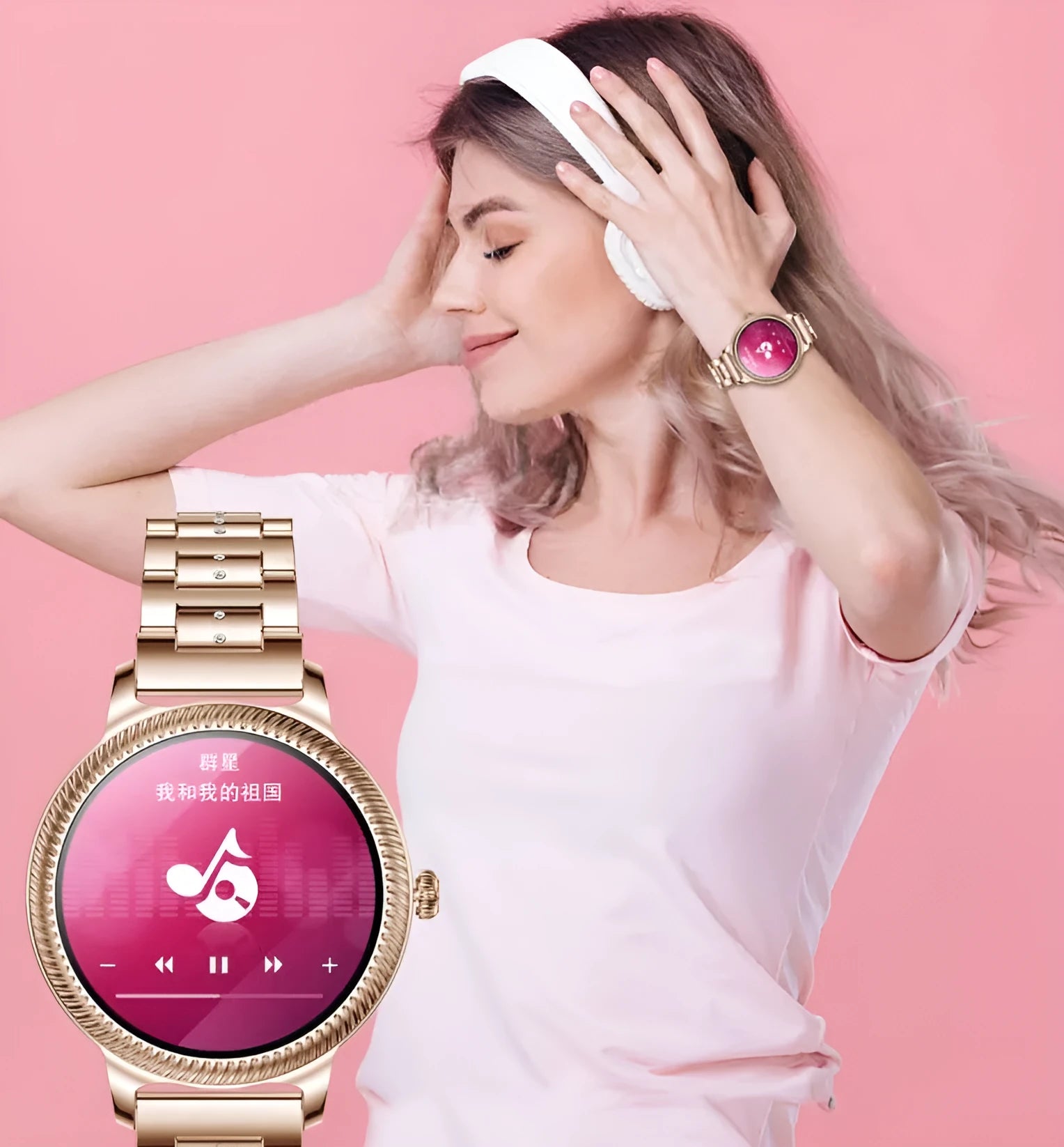 AK38 ladies smart watch with stainless steel band and 1.09-inch display