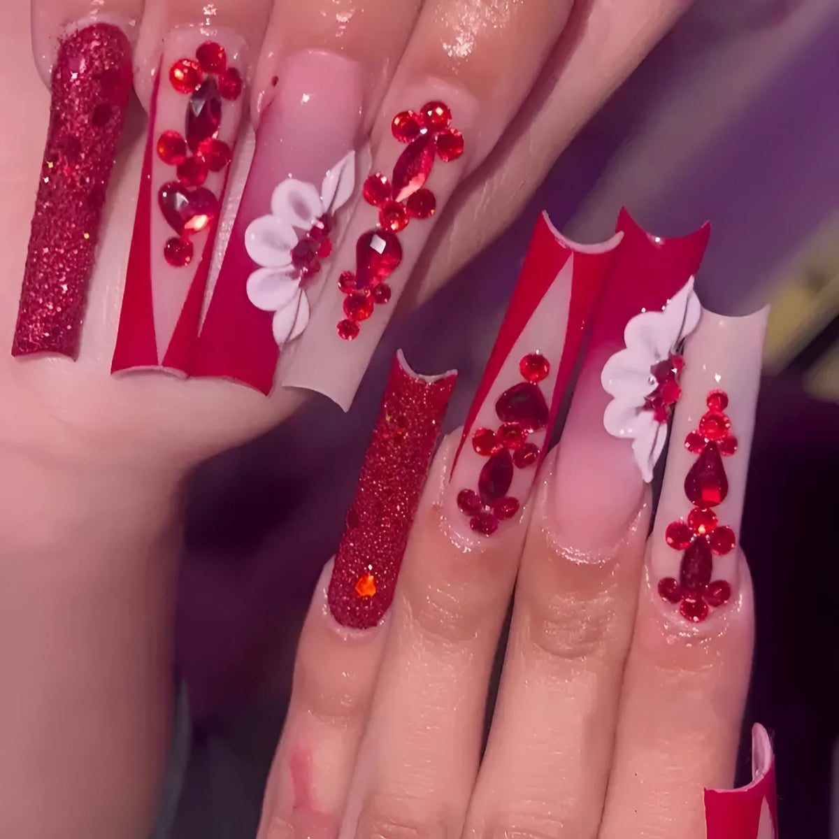 MY069 long European Square false nails with Sweet Flowers and red diamond design, shown with jelly glue and file.