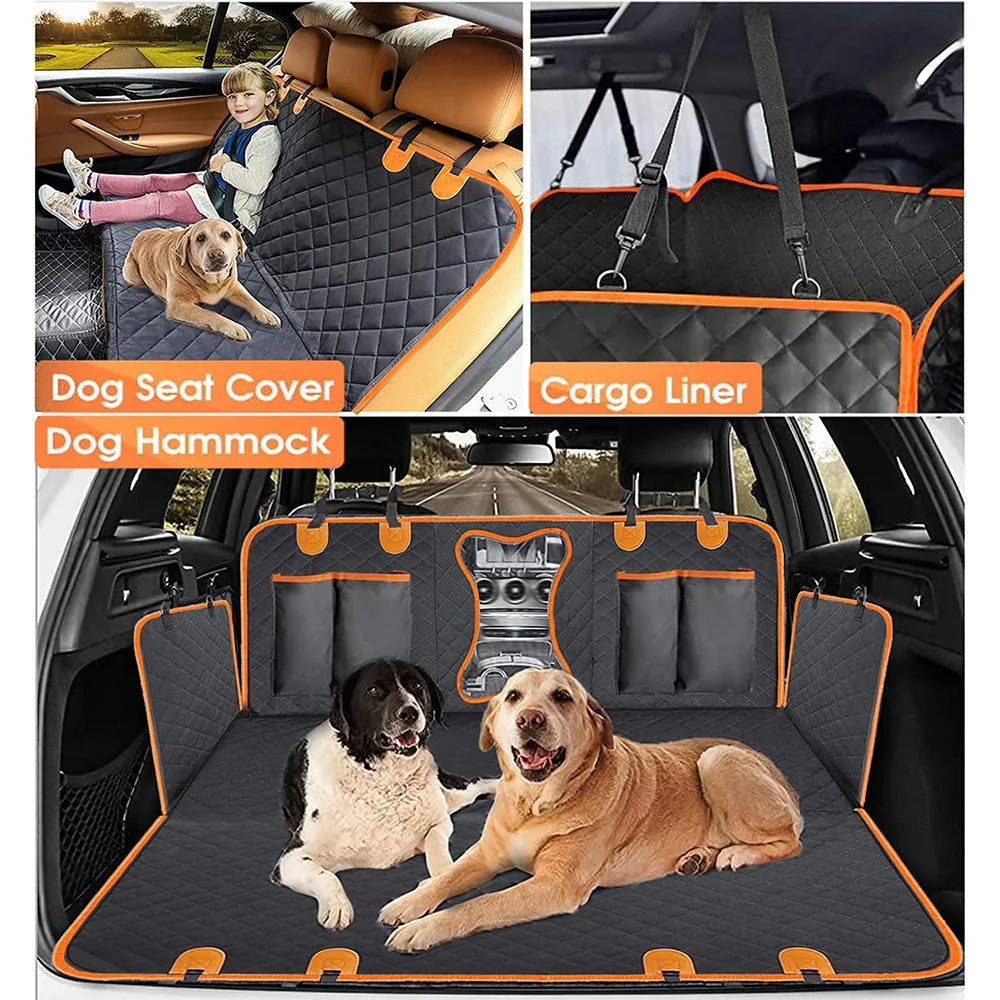 Black waterproof dog car seat cover with orange edging and mesh window installed on vehicle rear seats