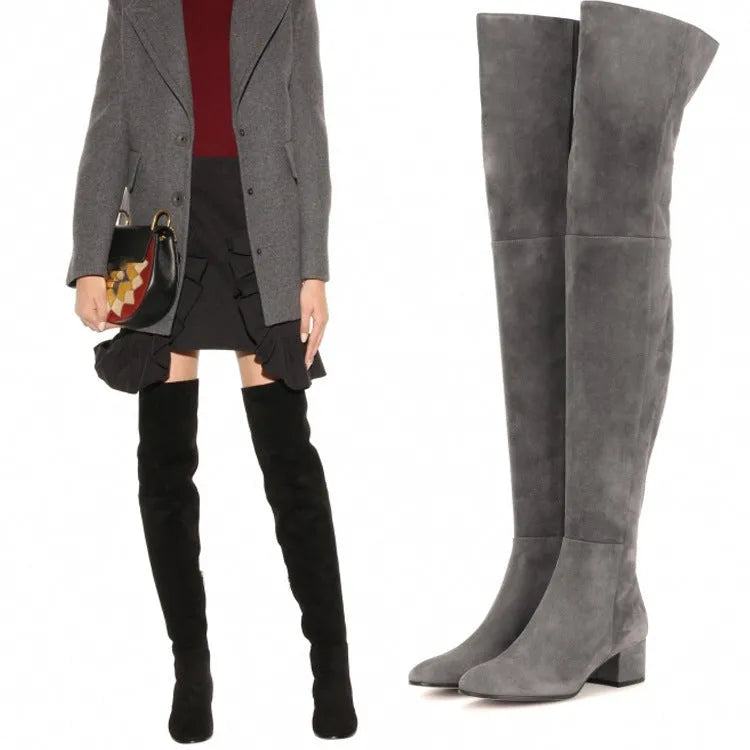 Women's grey suede flat over-the-knee boots with pointed toe and low thick heel