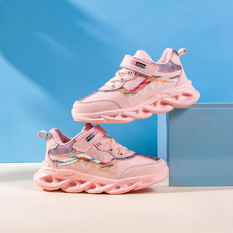 Korean style girls sports shoes in white with Space PU upper and plain design on light background