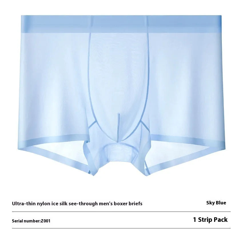Men's ice silk boxer briefs in white, shown flat to highlight seamless construction.