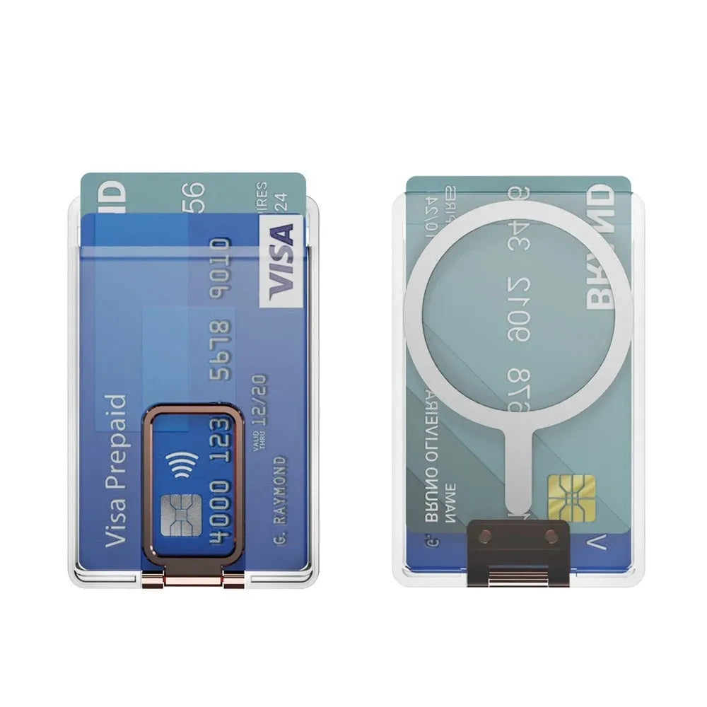 Magnetic card holder bracket with transparent support for phone back cover, shown in black, silver, gold and rose gold options.