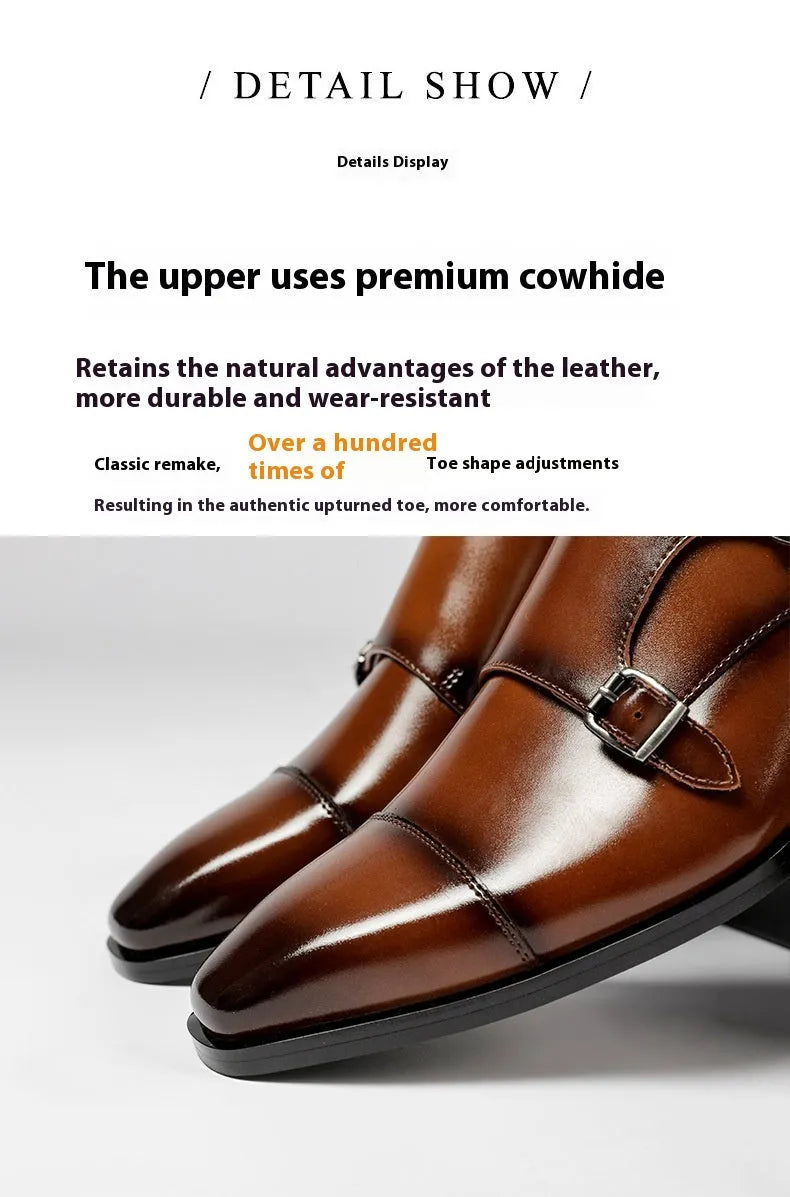 Men's black leather business shoes with square toe design and rubber sole