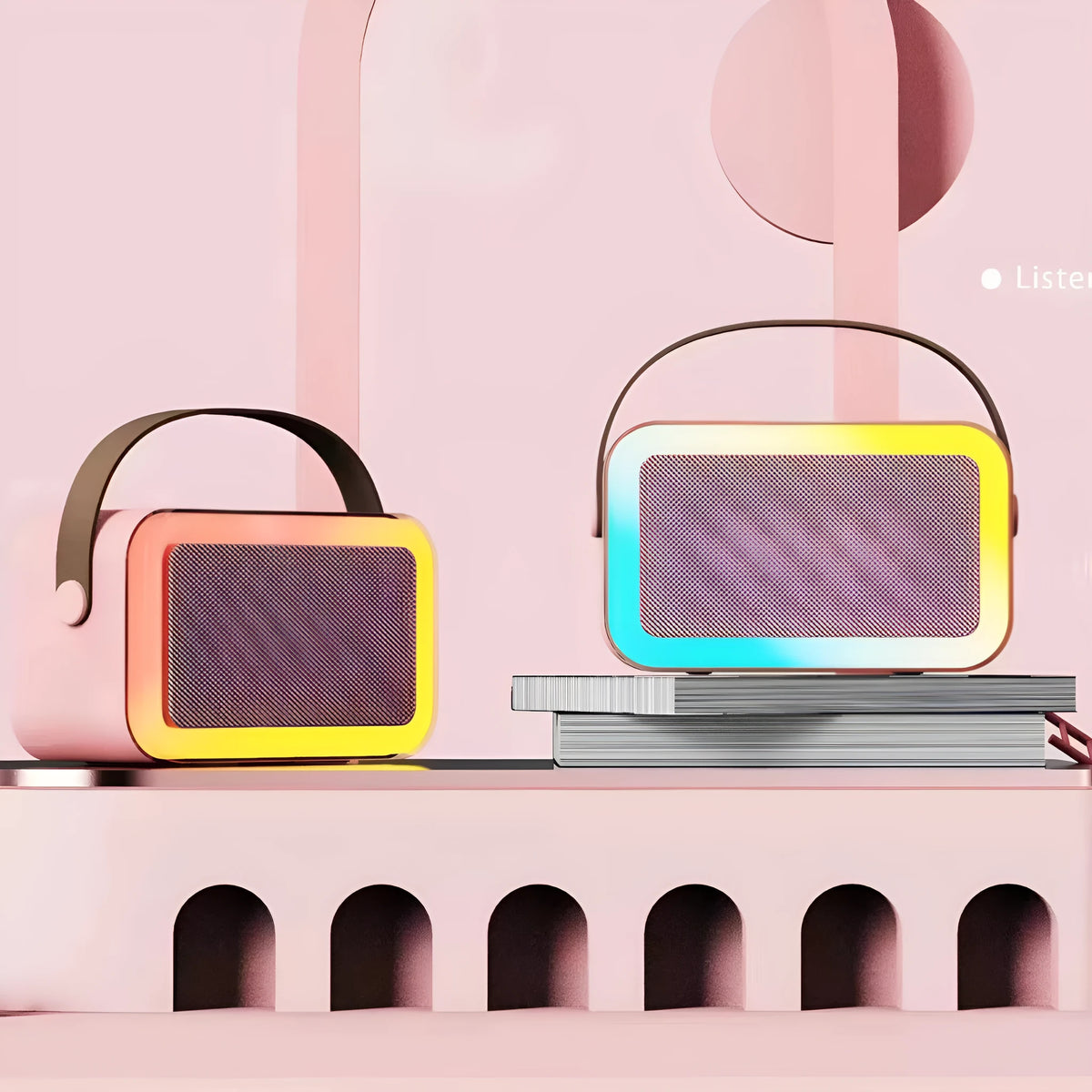 Portable Bluetooth karaoke microphone speaker with coloured LED lights in pink, sky blue or white colour options