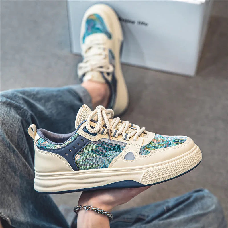Men's beige and green canvas flat casual shoes with round toe.