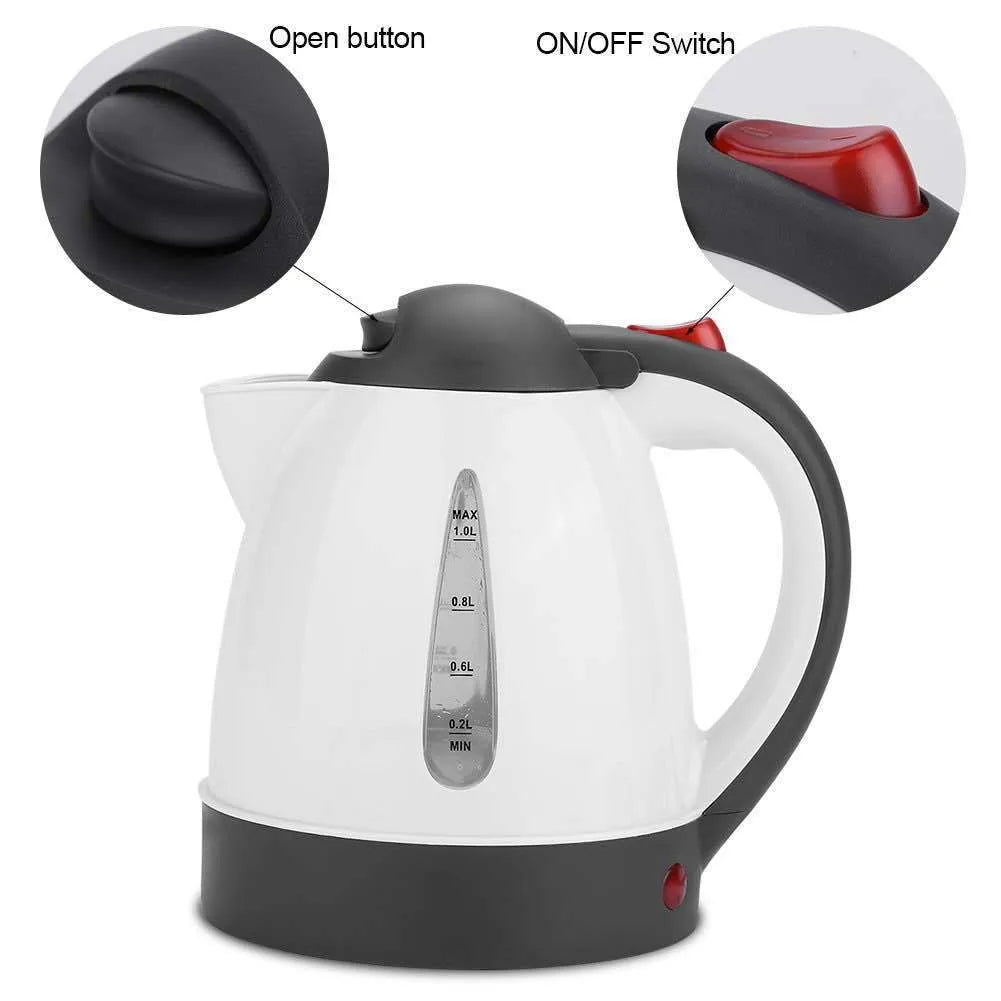 Travel kettle for vehicle use with 1000ml capacity and 12V power option