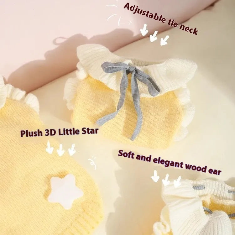 Yellow autumn dog sweater on small pet showing XINGX and fairy dress style options with size chart