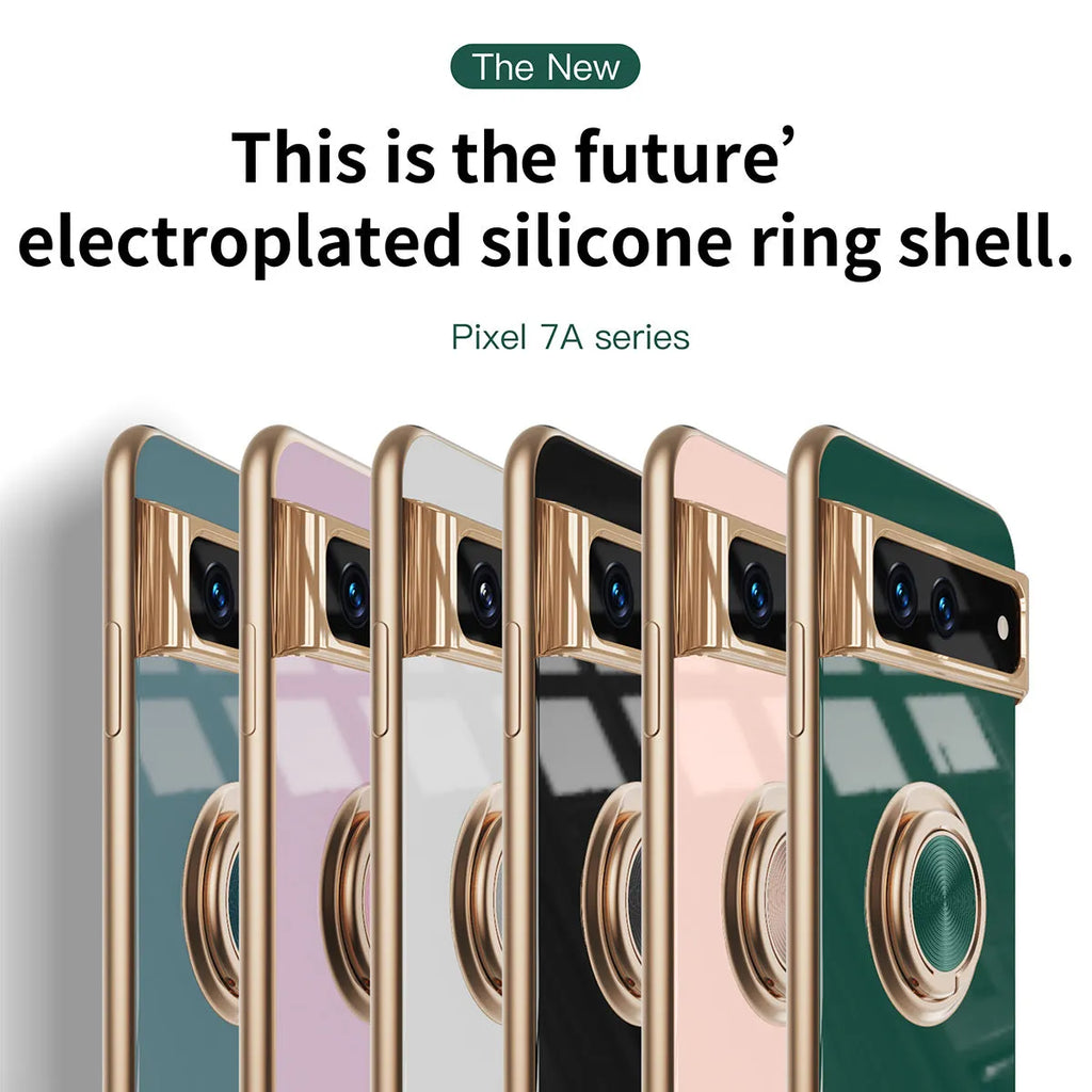 Rotating ring phone case for Google Pixel in electroplated TPU with bracket and anti-fall function, shown in black