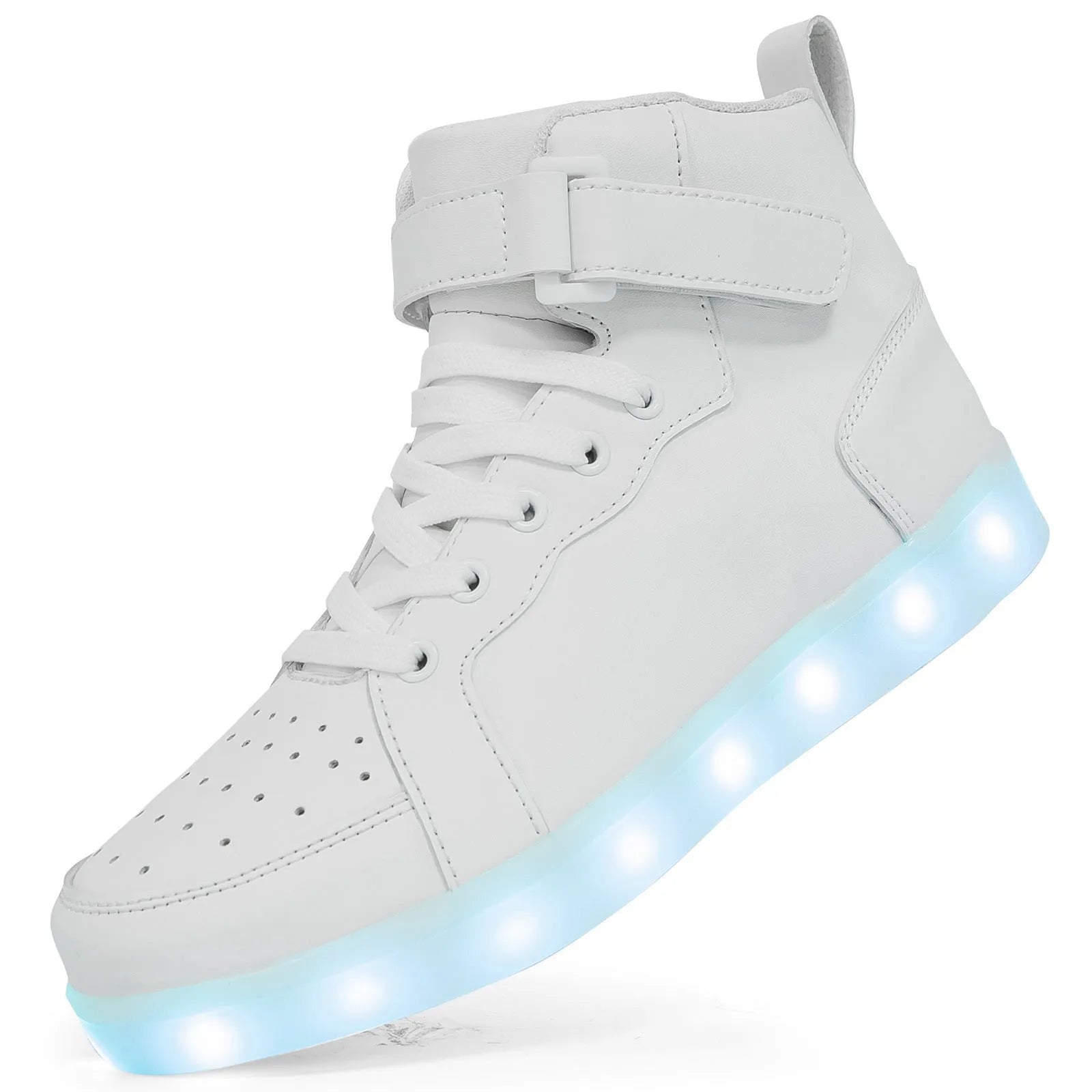 Black LED high-top dance shoes with light-up soles and Velcro strap.