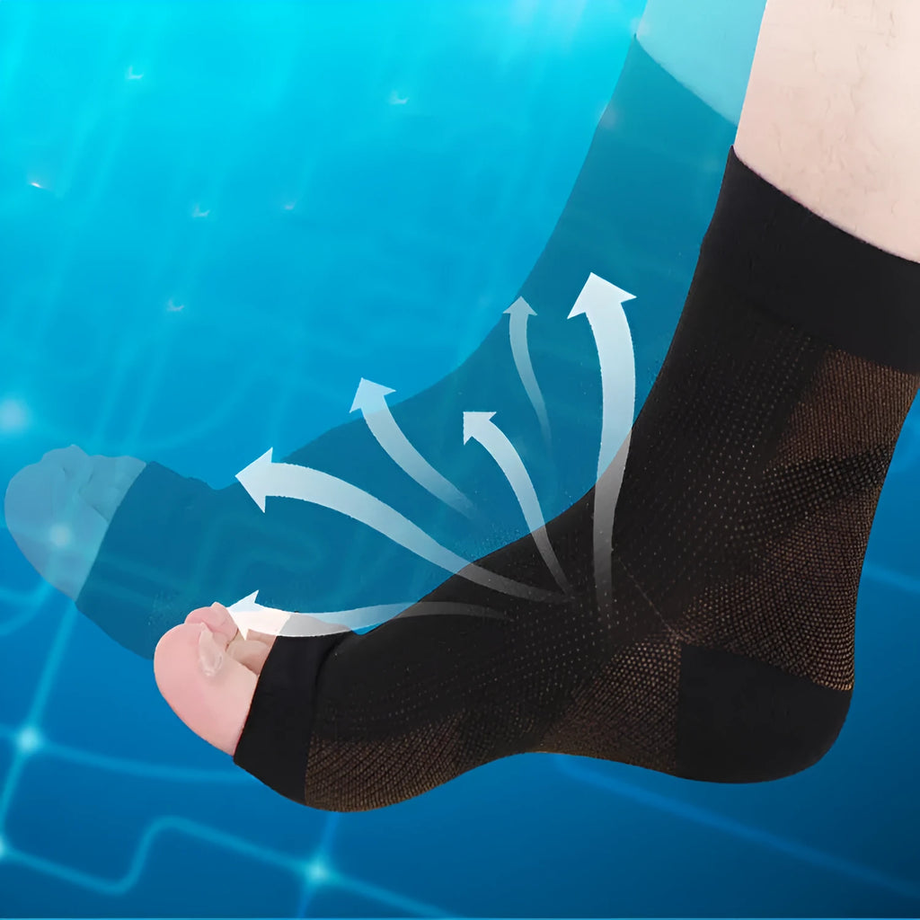 Nylon compression ankle support sleeve with heel hole, breathable and moisture-wicking, in black, red, or white.