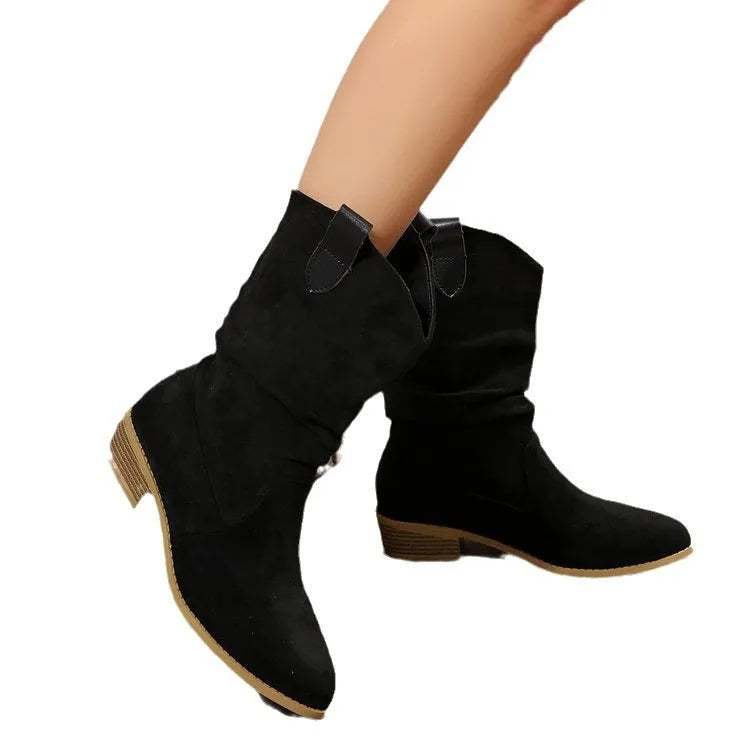 Pointed suede boots for women in black or red with hollow out detail, PU upper and lining, rubber sole, sizes 36-43