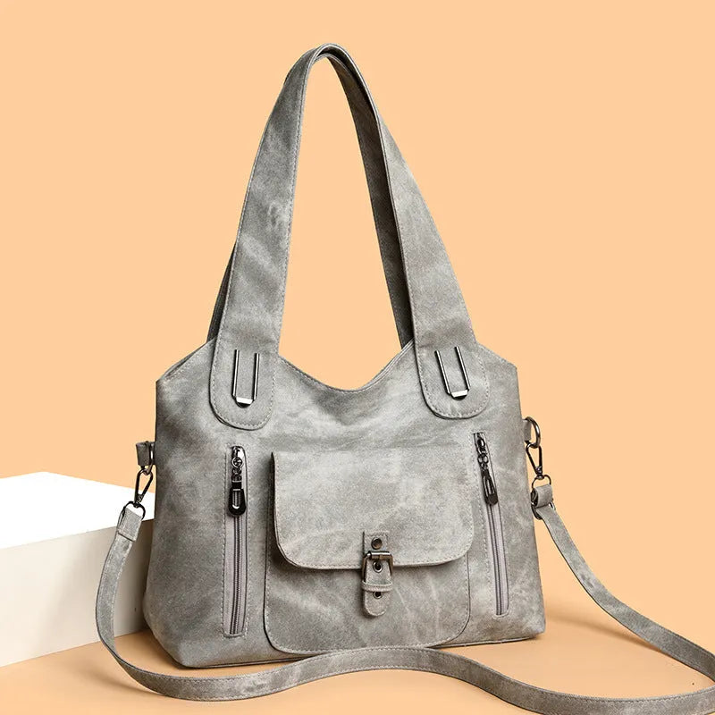 Large capacity PU crossbody bag with horizontal square shape, flap pocket and single strap in light gray