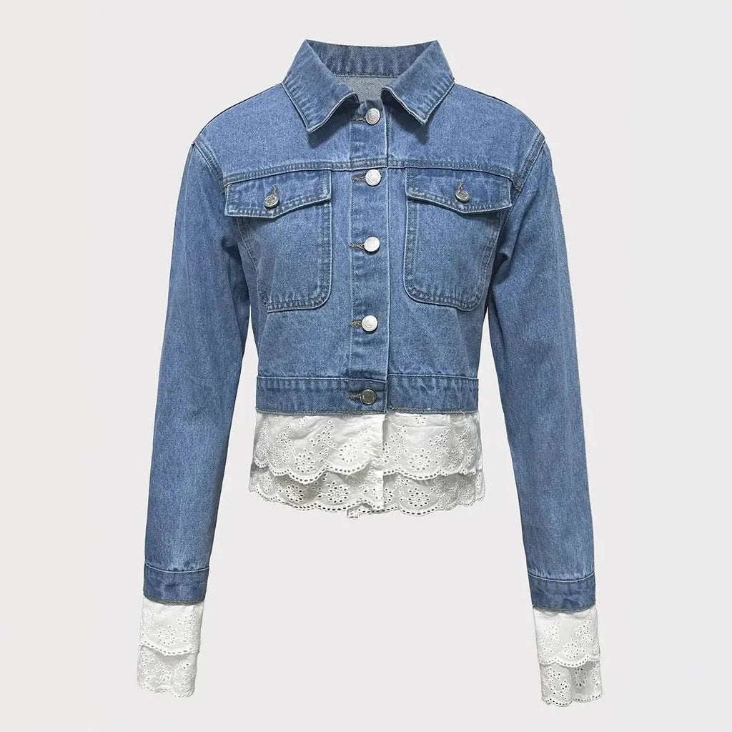 Blue women's denim jacket with white lace stitching on the front, long sleeves.
