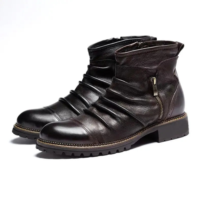 Men's black cowboy boots with side zip fastening and embossed leather-look texture