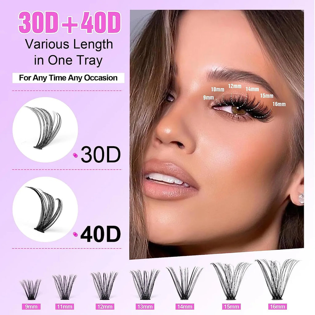 DIY false eyelashes cluster package showing 30D and 40D density lashes with tweezers in 9-16mm lengths