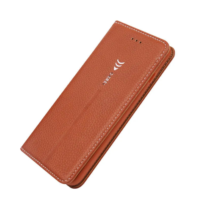 PU leather wallet phone case for iPhone with card slots in black, blue, brown, khaki, and pink colours.