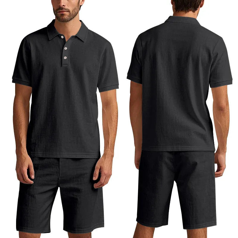 Men's light blue linen blend summer shirt and shorts set on hanger