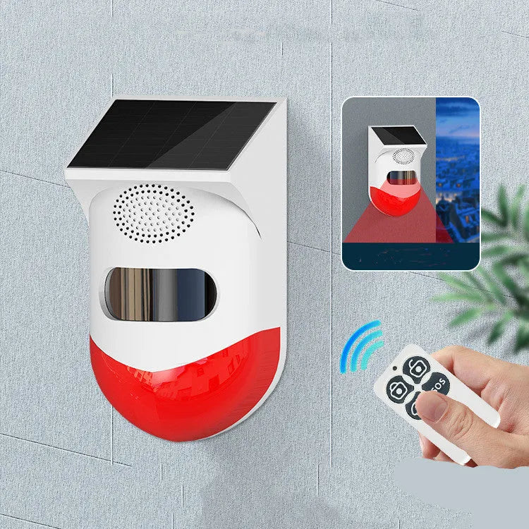 Outdoor solar-powered infrared security alarm with GSM module for wireless property monitoring.