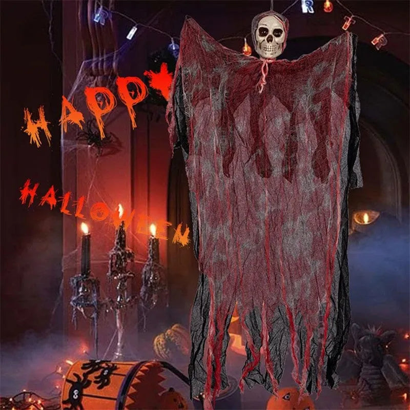 Halloween hanging ghost pendant with dyed blood skull face and wavy ghost clothes on a porch