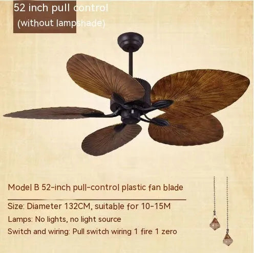 52-inch retro ceiling fan light with wooden blades and five-light copper lampshade