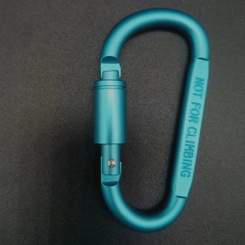 Aluminium D-shaped carabiner with lock shown in multiple colour options including black, silver, red, and blue.